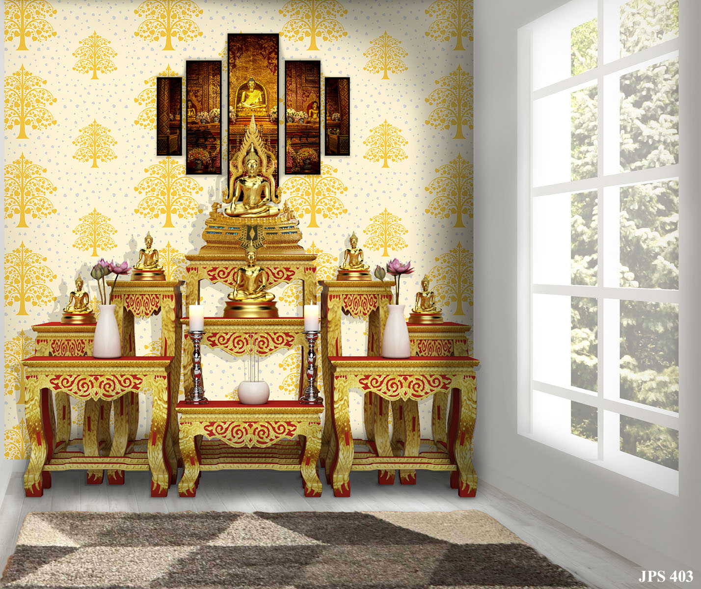 ตัวอย่างห้องพระ ตกแต่งด้วยวอลเปเปอร์ลายต้นโพธิ์เงิน โพธิ์ทอง สีขาว