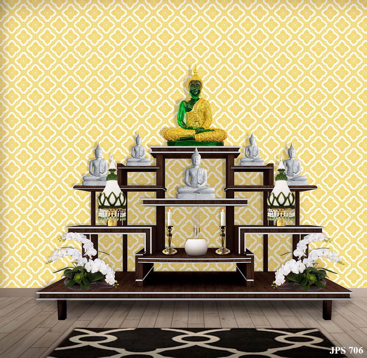 ตัวอย่างห้องพระ ตกแต่งด้วยวอลเปเปอร์ลายดอกประจำยาม สีเหลืองพื้นขาว
