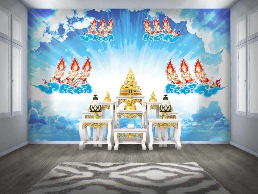ขายวอลเปเปอร์สวยราคาถูก พรีเมี่ยมลายไทย เทพพนม พื้นสีฟ้าขาว