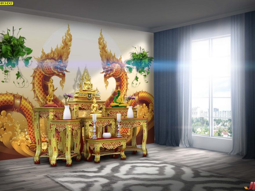 บริการตกแต่งผนังห้องพระ ลายไทยพญานาคคู่สีทอง พื้นหลังลายกราฟฟิก สีขาวทองคลื่นทะเล