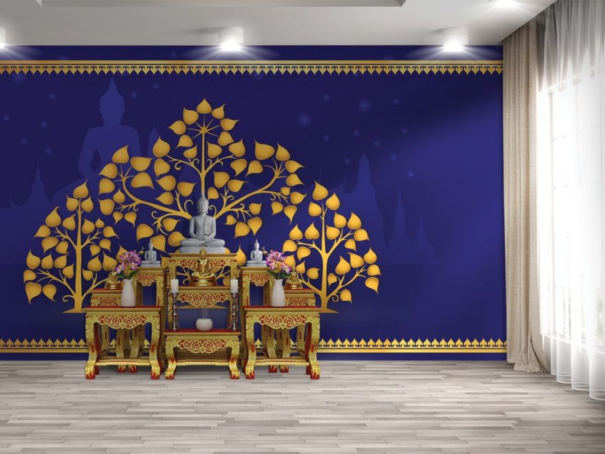 ร้านขายวอลเปเปอร์ ลายไทยต้นโพธิ์ พื้นหลังสีน้ำเงิน