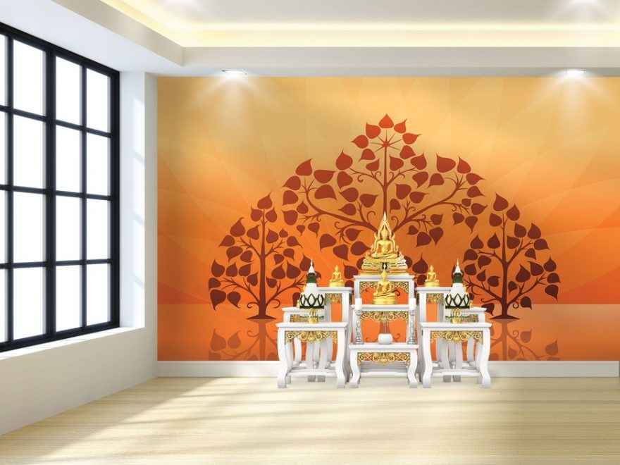 ร้านวอลเปเปอร์ ลายไทยต้นโพธิ์ พื้นหลังสีส้ม