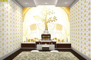 ขายวอลเปเปอร์ติดผนัง ลายไทยต้นโพธิ์ ช้างคู่สีทอง พื้นหลังสีขาว