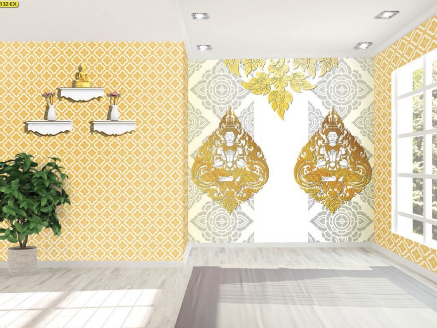 วอเปอร์เปอร์สวยๆติดผนัง ลายไทยกนกเทพพนมคู่ ลายประจำยาม สีทองพื้นหลังสีขาว
