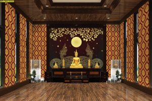 ร้านวอลเปเปอร์ ลายไทยพญานาคคู่สีทอง ลายพุ่มข้าวบิณฑ์ พื้นหลังสีน้ำตาลแดง