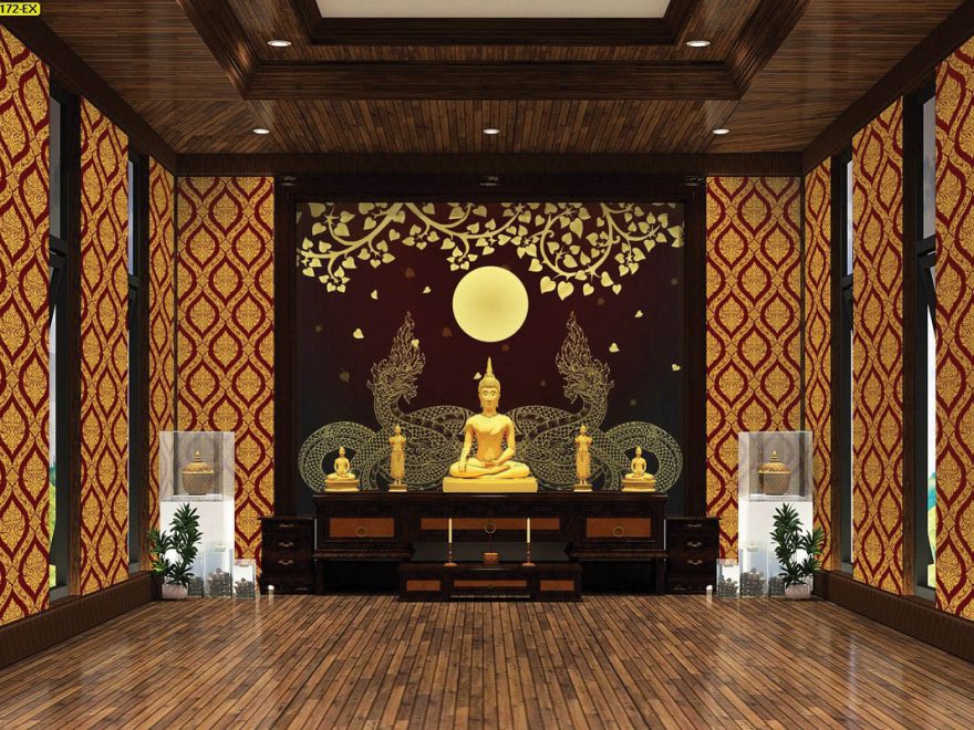 ร้านวอลเปเปอร์ ลายไทยพญานาคคู่สีทอง ลายพุ่มข้าวบิณฑ์ พื้นหลังสีน้ำตาลแดง