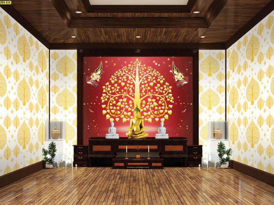 แต่งบ้านสวยด้วยวอลเปเปอร์ติดผนัง ลายไทยต้นโพธิ์สีทอง ลายเทพพนมคู่ พื้นหลังสีแดง