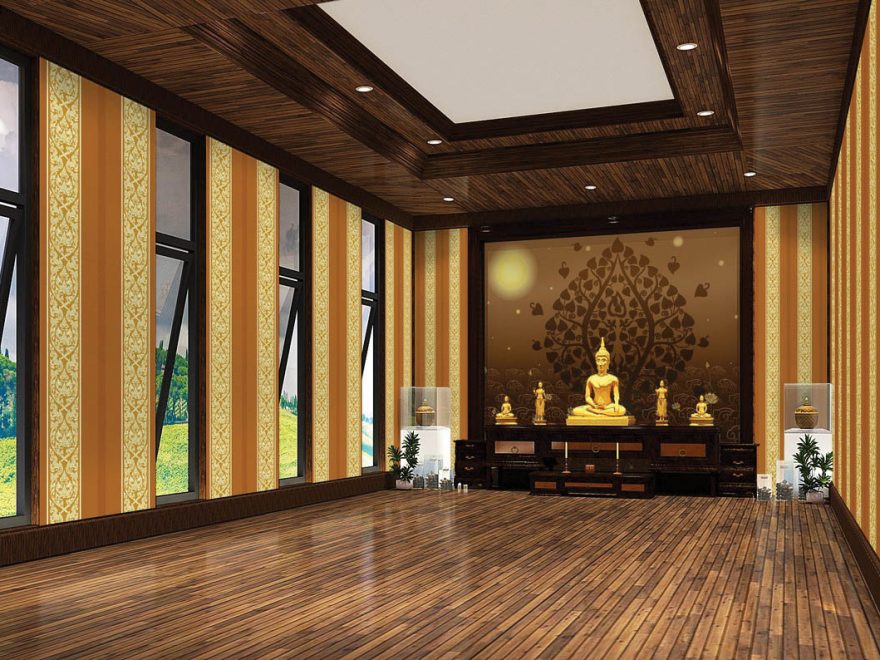 รับติดวอลเปเปอร์ลายไทยใบโพธิ์ น้ำตาลเข้ม ลายกนกไขว้ช่อหางโต พื้นหลังสีน้ำตาล