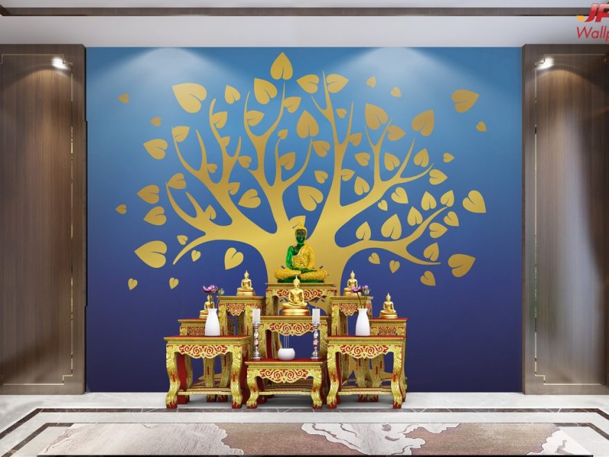 แต่งบ้านสวยด้วยวอลเปเปอร์ติดผนัง ลายต้นโพธิ์ทอง พื้นสีน้ำเงิน