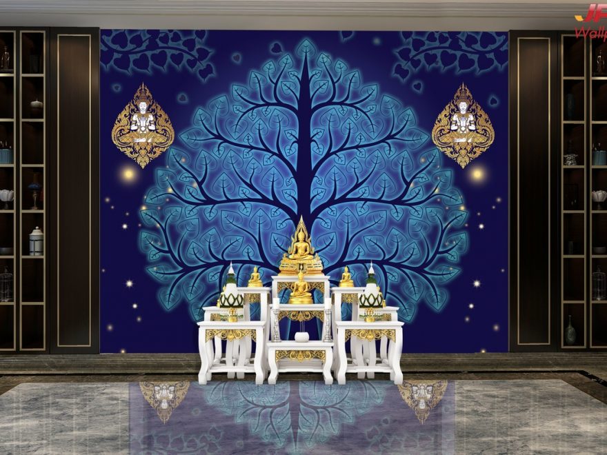 ฉากหลังห้องพระสวยๆ ลายต้นโพธิ์ พื้นสีน้ำเงิน