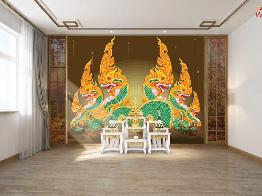 ฉากหลังห้องพระสวยๆ ลายพญานาคไทย พื้นหลังสีน้ำตาล
