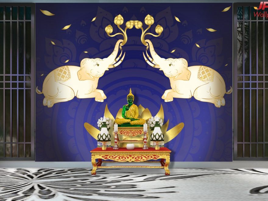 ตัวอย่างวอลเปเปอร์ติดห้องพระ ลายไทยช้างคู่ พื้นหลังสีน้ำเงิน