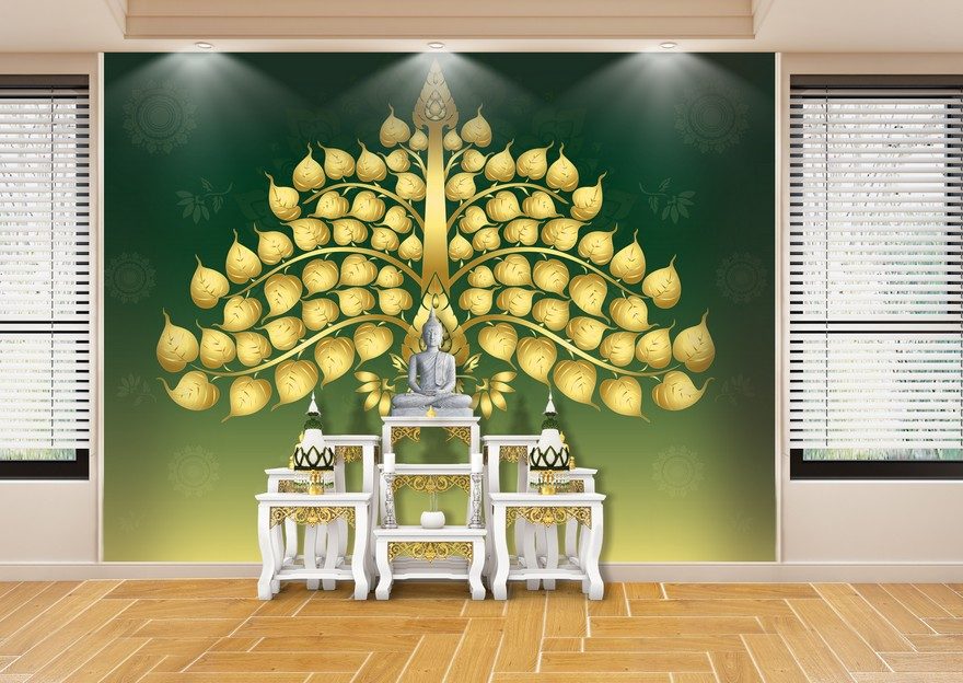 วอเปอร์เปอร์สวยๆติดผนัง ลายไทยใบโพธิ์ทอง พื้นหลังสีเขียว