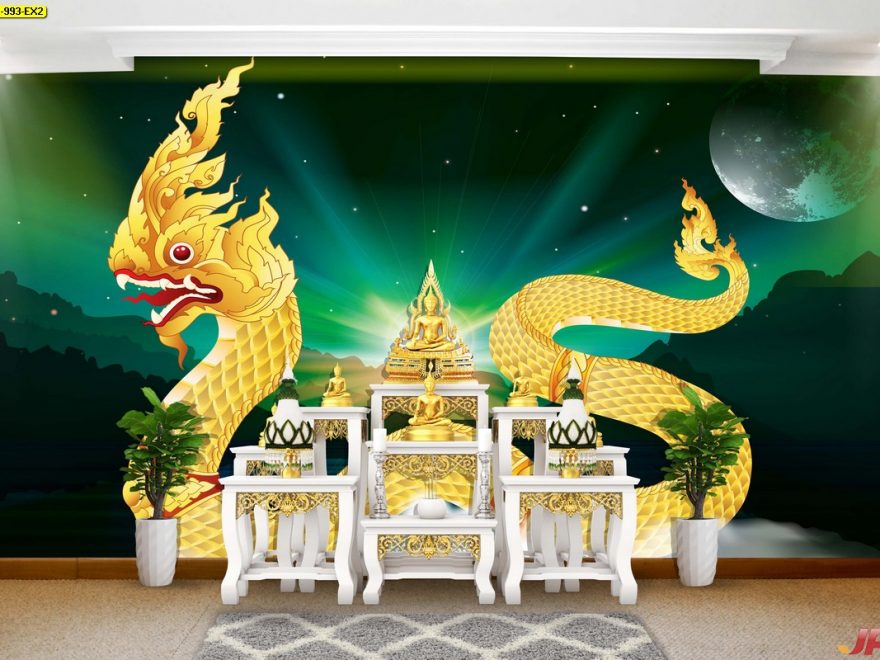 แต่งบ้านสวยด้วยวอลเปเปอร์ติดผนัง ลายไทยพญานาคสีทอง พื้นหลังลายกราฟฟิกสีเขียวอมดำ ใต้ดวงจันทร์