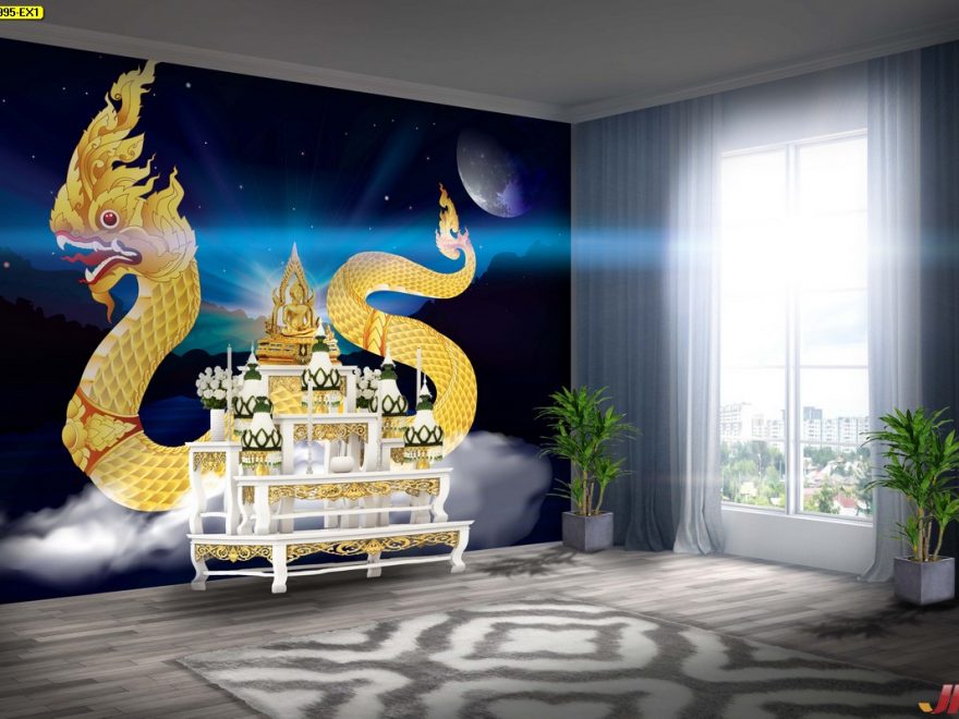 ขายวอลเปเปอร์สวยราคาถูก ลายไทยพญานาคสีทอง พื้นหลังลายกราฟฟิกสีน้ำเงินอมดำ ใต้ดวงจันทร์