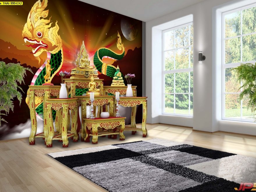 รับทําวอลเปเปอร์ตามสั่ง ลายไทยพญานาคสีเขียว พื้นหลังลายกราฟฟิกสีน้ำตาลอมดำ ใต้ดวงจันทร์